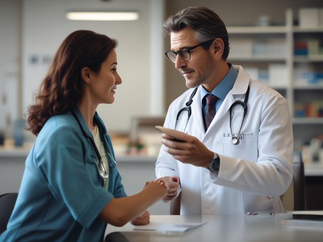 Create a realistic high-resolution image featuring a single subject: a doctor interacting with advanced wearable technology. The doctor, a middle-aged woman with brown hair tied back, is wearing a lab coat and examining a smartwatch displaying vital health data. The watch screen should visibly show heart rate, blood oxygen levels, and a graph showcasing real-time health monitoring. 

The background should be a modern hospital or clinic environment, featuring muted colors and sleek medical equipment. Soft, a