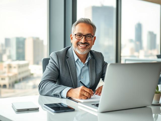 Create a realistic high-resolution photo that captures the essence of device subscriptions versus ownership in a professional setting. The main subject should be a smiling CFO, a middle-aged person of South Asian descent, seated at a sleek modern desk with a laptop open in front of them. The background should display a contemporary office environment with large windows providing natural light, showcasing a city skyline. 

The CFO is looking directly at the camera, exuding confidence and satisfaction, with a