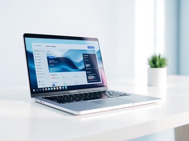 Create a realistic, high-resolution close-up photo of a sleek, modern laptop placed on a clean, minimalist white desk. The laptop screen displays a subtle glowing abstract interface hinting at a subscription service dashboard without text or logos. The scene is illuminated with soft, natural light highlighting the laptop’s premium design and smooth edges, with a shallow depth of field focusing sharply on the laptop front and keyboard. The background is softly blurred and uncluttered, featuring calm shades o