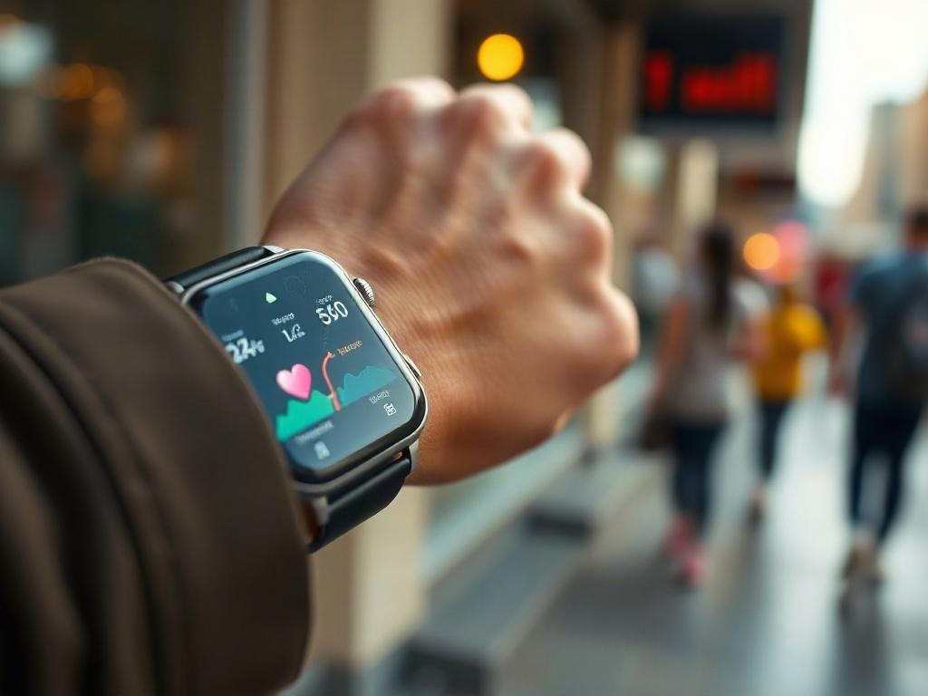 Create a realistic high-resolution image that captures the synergy between AI and wearable technology. The main subject should be a close-up of a modern smartwatch worn on a person's wrist. The smartwatch screen should vividly display personalized health metrics, such as heart rate, activity levels, and predictive insights, showcasing its advanced analytical capabilities.

Include a subtle soft-focus background that hints at a bustling urban environment, suggesting an active lifestyle where technology plays