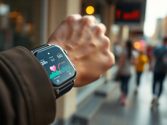 Create a realistic high-resolution image that captures the synergy between AI and wearable technology. The main subject should be a close-up of a modern smartwatch worn on a person's wrist. The smartwatch screen should vividly display personalized health metrics, such as heart rate, activity levels, and predictive insights, showcasing its advanced analytical capabilities.

Include a subtle soft-focus background that hints at a bustling urban environment, suggesting an active lifestyle where technology plays
