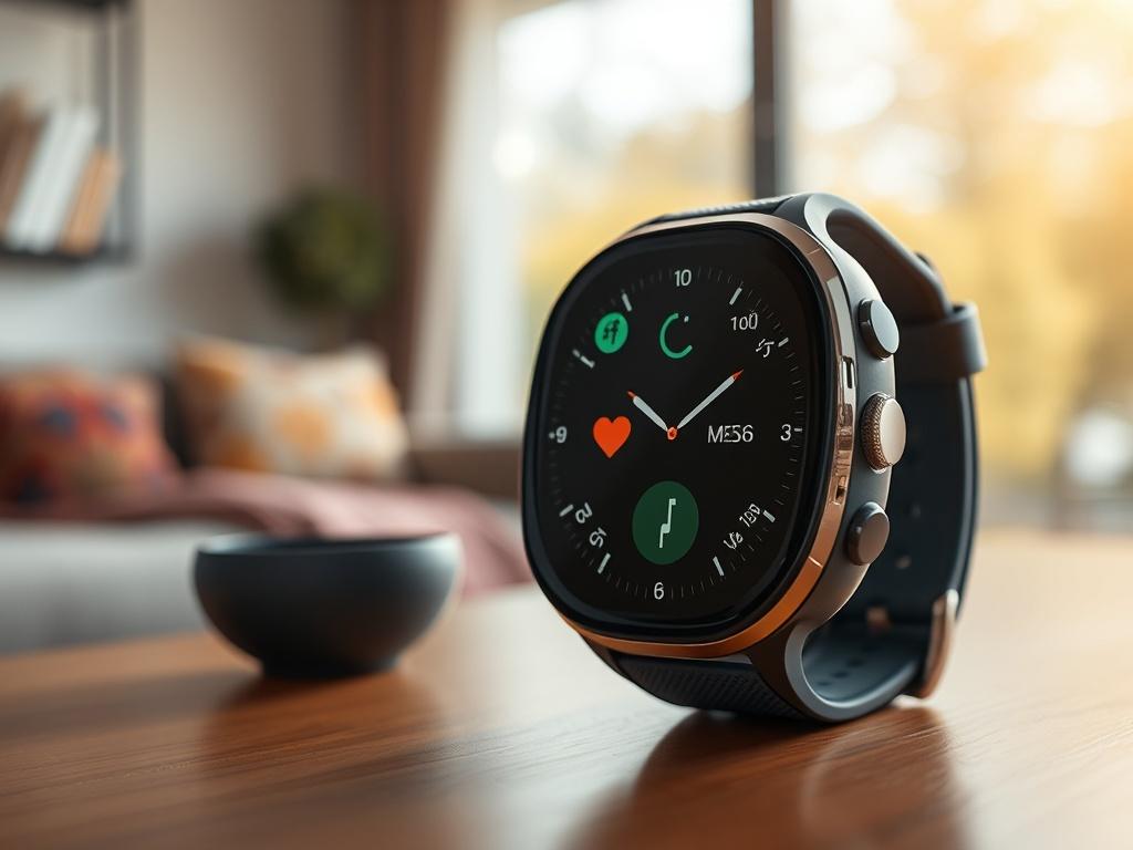 Create a realistic high-resolution image reflecting the theme of "What Safety with Wearables Really Means (It’s Not About Radiation)." The composition should focus on a single wearable device, such as a smart watch or fitness tracker, prominently displayed in the foreground. This device should have a sleek, modern design with visible features like a heart rate monitor or fitness tracking capabilities.

In the background, include a softly blurred environment that suggests a lifestyle setting, perhaps a cozy 