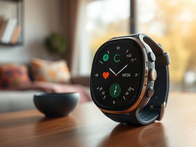 Create a realistic high-resolution image reflecting the theme of "What Safety with Wearables Really Means (It’s Not About Radiation)." The composition should focus on a single wearable device, such as a smart watch or fitness tracker, prominently displayed in the foreground. This device should have a sleek, modern design with visible features like a heart rate monitor or fitness tracking capabilities.

In the background, include a softly blurred environment that suggests a lifestyle setting, perhaps a cozy 