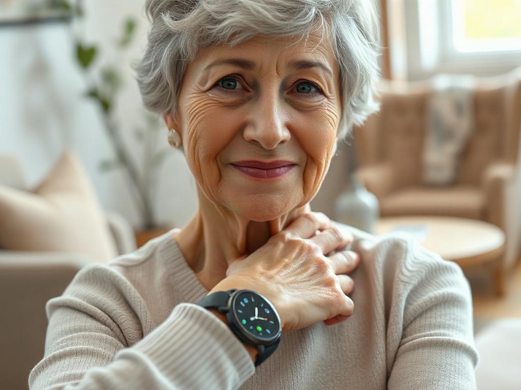 **AI Image Generation Prompt:**

Create a realistic high-resolution close-up photograph highlighting the essence of wearable technology designed for elderly adults, specifically focusing on fall detection. The subject of the image should be an elderly adult, a woman, around 75 years old, wearing a sleek, modern smartwatch equipped with a fall detection feature. Ensure the watch is prominently visible on her wrist, displaying a subtle glow to indicate it’s active.

Her expression should convey trust and reas