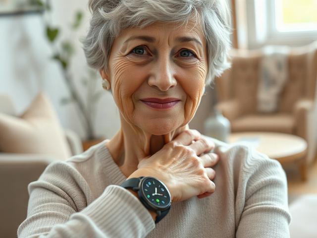 **AI Image Generation Prompt:**

Create a realistic high-resolution close-up photograph highlighting the essence of wearable technology designed for elderly adults, specifically focusing on fall detection. The subject of the image should be an elderly adult, a woman, around 75 years old, wearing a sleek, modern smartwatch equipped with a fall detection feature. Ensure the watch is prominently visible on her wrist, displaying a subtle glow to indicate it’s active.

Her expression should convey trust and reas