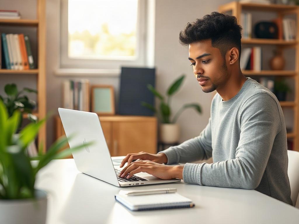 Create a realistic high-resolution photo that captures the essence of renting laptops for students. The image should feature a modern student sitting at a clean, well-lit desk in a cozy study environment. The student, a young adult of diverse ethnicity, should be engaging with a sleek laptop, clearly showcasing the act of studying or working on school assignments. 

The background should be simple and uncluttered, featuring a few elements like a bookshelf with academic books and a small plant to convey a wa