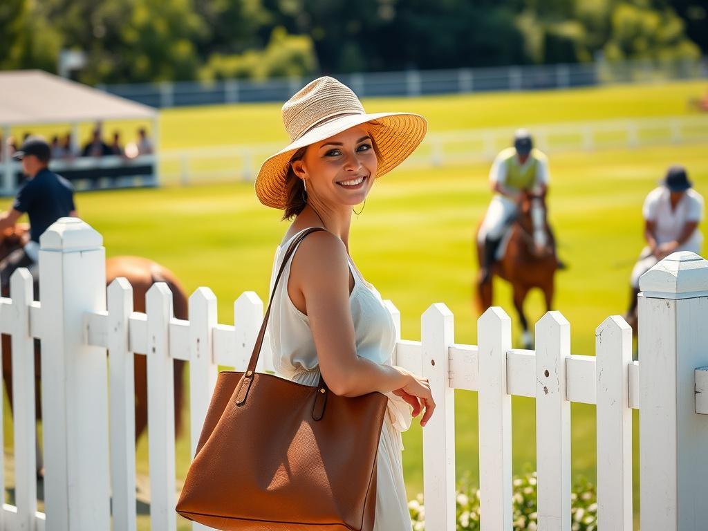 Create a realistic high-resolution close-up photograph of a single elegantly dressed woman standing near a white wooden fence at the Hampton Classic Horse Show in Bridgehampton, NY. She is smiling gently, wearing a wide-brimmed sun hat and light summer attire, holding a vintage-style leather tote bag. The background is softly blurred but reveals a vibrant, lush green polo field with riders on horseback in mid-action, capturing the essence of the prestigious equestrian event. Soft natural sunlight bathes the
