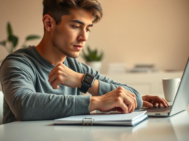 Create a realistic high-resolution photo that captures the essence of wearable technology enhancing focus in daily life. The composition should feature a single subject: a person sitting at a minimalist desk, wearing a sleek smartwatch. The person, a young adult with a focused expression, should be engaging with a task, such as writing in a notebook or typing on a laptop. 

The background should be softly blurred, showcasing a bright and organized workspace with subtle elements like a potted plant and a cof