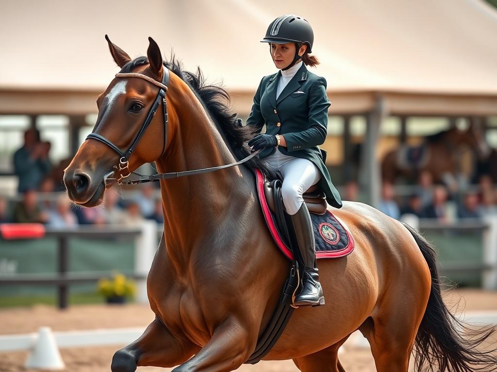 **Image Generation Prompt:**

Create a highly realistic, high-resolution close-up photograph that embodies the essence of competitive equestrian sports. The image should focus on a single athlete, a poised and determined rider, positioned confidently atop a beautifully groomed horse. The rider should be dressed in professional equestrian attire, including a fitted helmet, tailored jacket, and expertly polished riding boots. 

Capture the moment when the horse is mid-gallop, showcasing its powerful muscles a