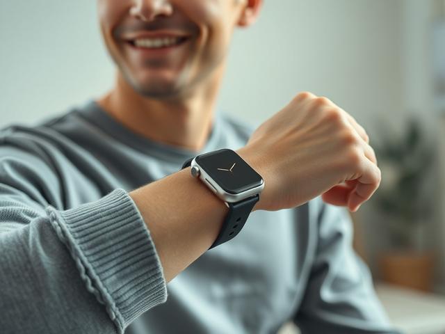 Create a realistic high-resolution photo that illustrates the concept of wearable technology becoming invisible. The composition should be simple and clear, featuring a single subject: a person wearing a sleek, modern smartwatch that seamlessly integrates into their wrist, showcasing its low-profile design. The individual should have an expression of contentment, highlighting serenity and ease of use as they go about their daily routine.

The background must be soft and unobtrusive, suggesting an everyday e