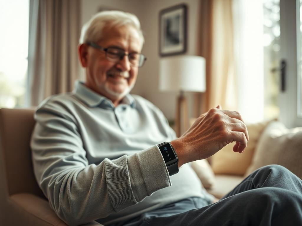 Create a realistic high-resolution photo that depicts a single elderly user comfortably engaged with a wearable device. The subject should be a senior man or woman, appearing relaxed and content while wearing a simple, yet modern smartwatch on their wrist. The device should have a clean, sleek design, showcasing a subtle display that indicates its functionality without the need for instructions.

The background should be a well-lit and serene living room setting, featuring soft, warm colors that evoke a fee