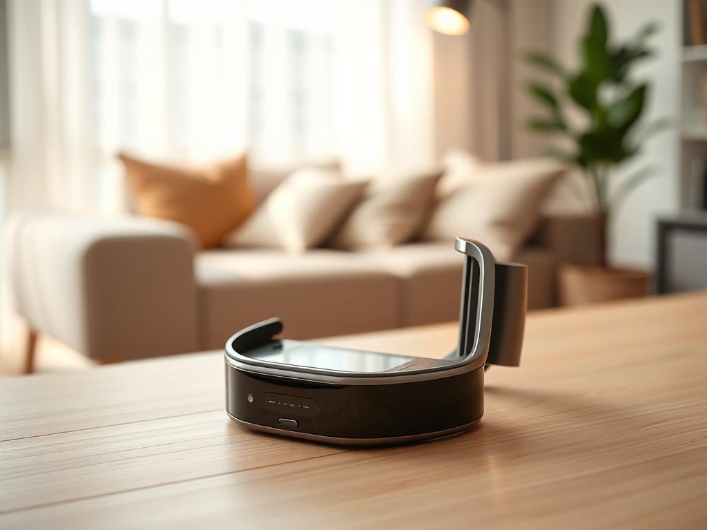 Create a realistic high-resolution photo centered around a sleek, modern wearable device, such as a stylish smartwatch or fitness tracker. The wearable should be prominently displayed on a light wooden surface, with a gentle light source illuminating its surface to highlight its smooth lines and upscale materials. 
The focus should be on one subject—the wearable device—showcasing its elegant design and seamless integration into everyday life. Ensure that the watch face is turned towards the viewer, display