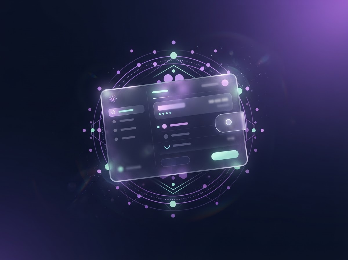 Abstract browser wallet interface floating among soft violet and mint Cardano-inspired shapes