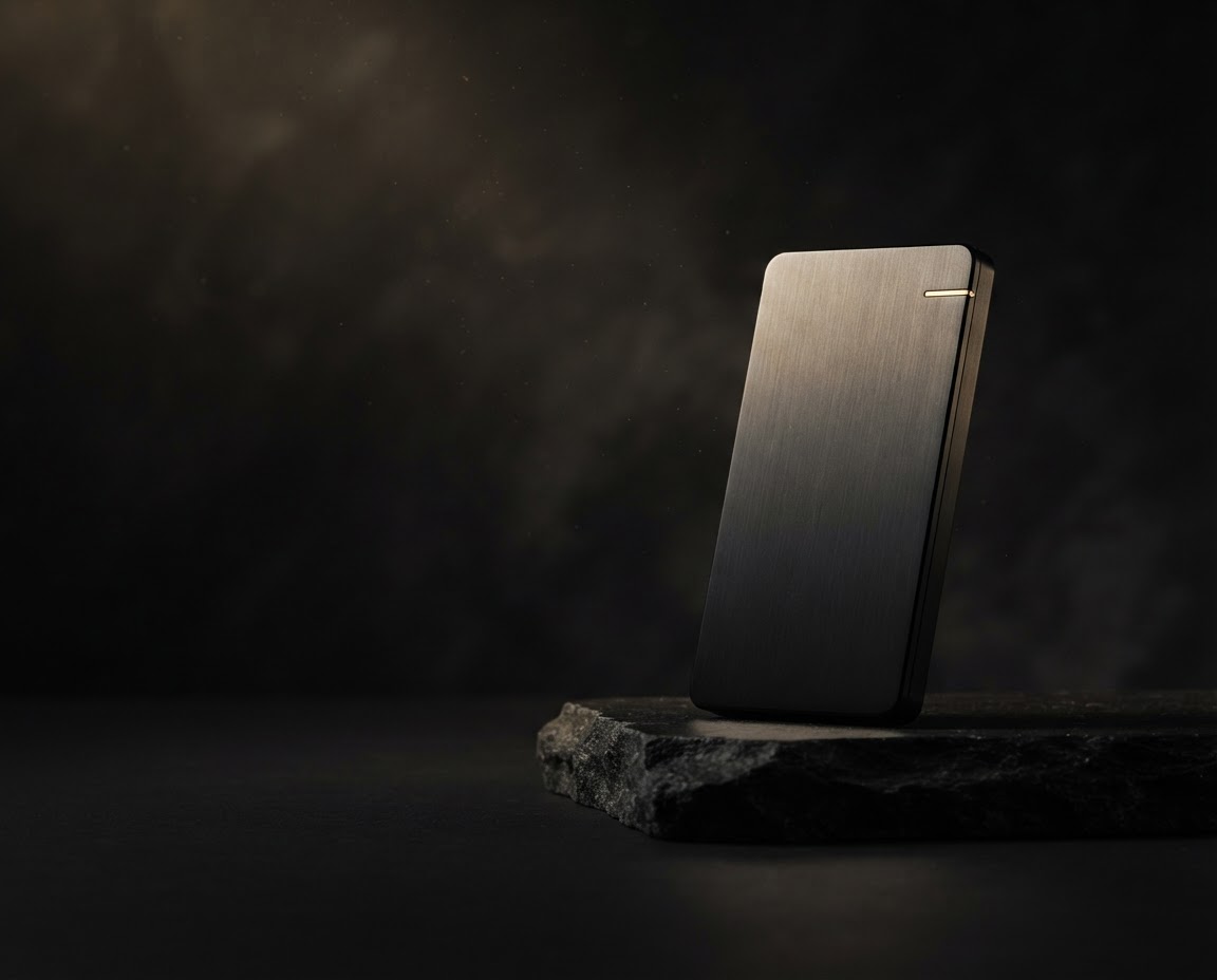 A black hardware-wallet-inspired device illuminated by a warm gold light
