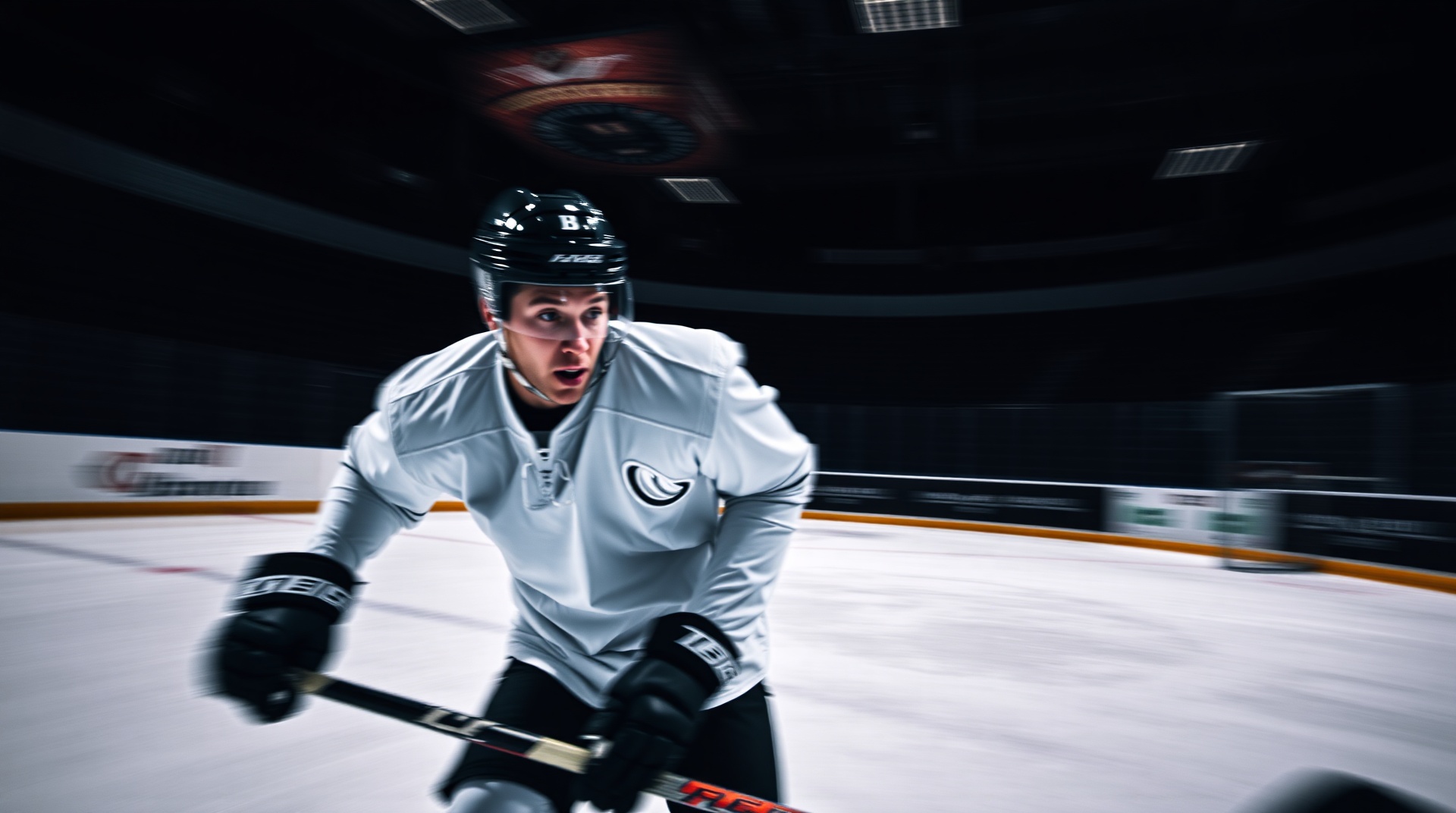 High-performance hockey player in motion on ice