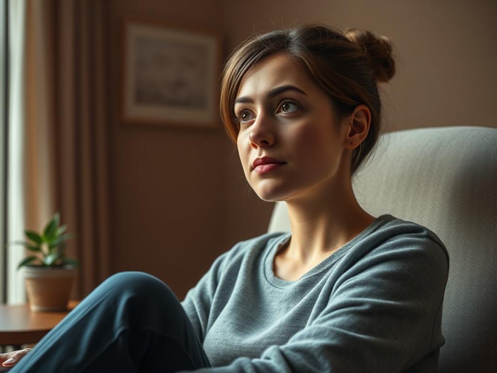 **AI Image Generation Prompt:**

Create a realistic, high-resolution photograph that vividly captures the essence of the blog titled "Why Nervous System Mastery Matters More Than Willpower." The image should depict a single, expressive subject—a woman in her early thirties—portrayed in a moment of introspection. She should be seated in a cozy, softly lit room, looking thoughtfully out of a window, as if contemplating an important conversation. 

Her posture is relaxed, yet her facial expression should refle