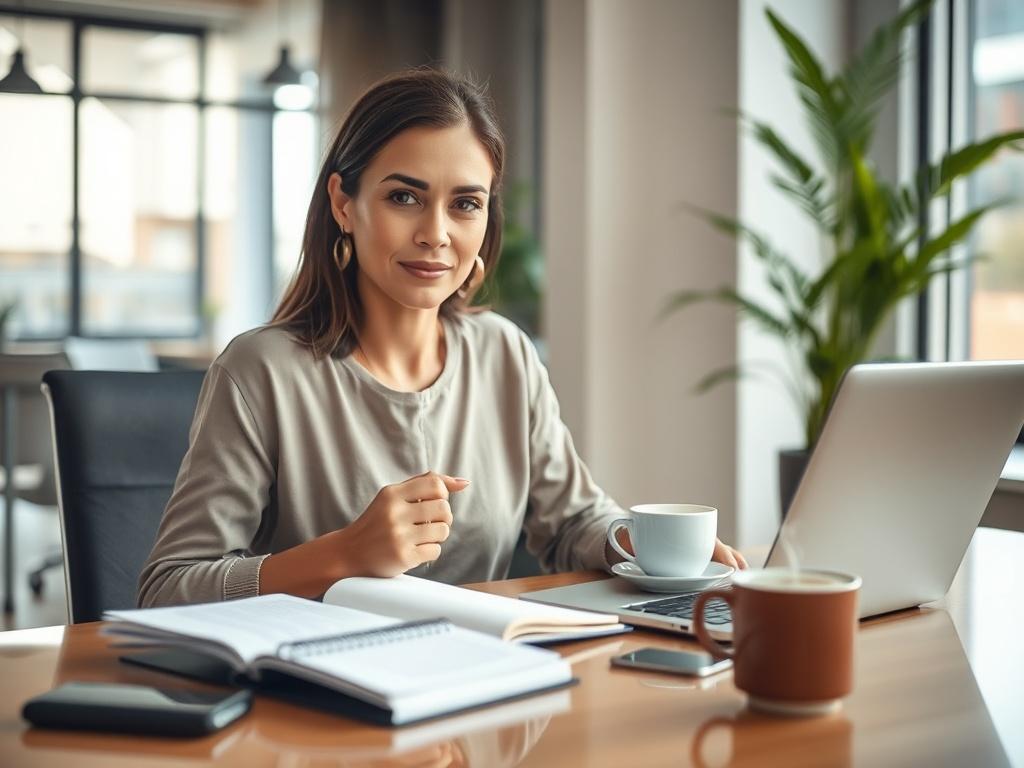 Create a realistic high-resolution photo that reflects the essence of the blog titled "Unlock Your Potential: The Power of Workshops." The composition should be simple and clear, featuring one primary subject. 

**Subject Matter:** Center the image around a confident professional woman in her mid-30s, engaged in an inspiring workshop setting. She should be seated at a sleek modern desk adorned with a notebook, an open laptop, and a steaming cup of coffee, indicating an active participation in her personal g