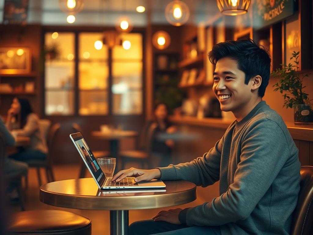 A warm, inviting scene depicting a cozy café in soft