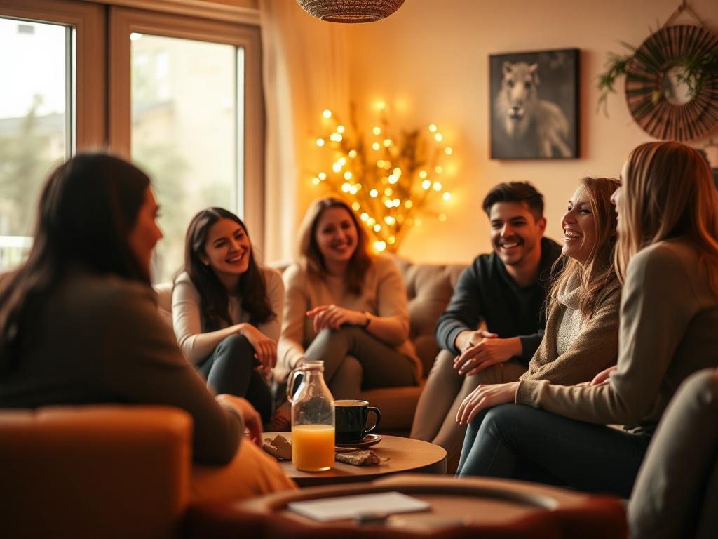 A serene scene featuring a cozy gathering of friends in