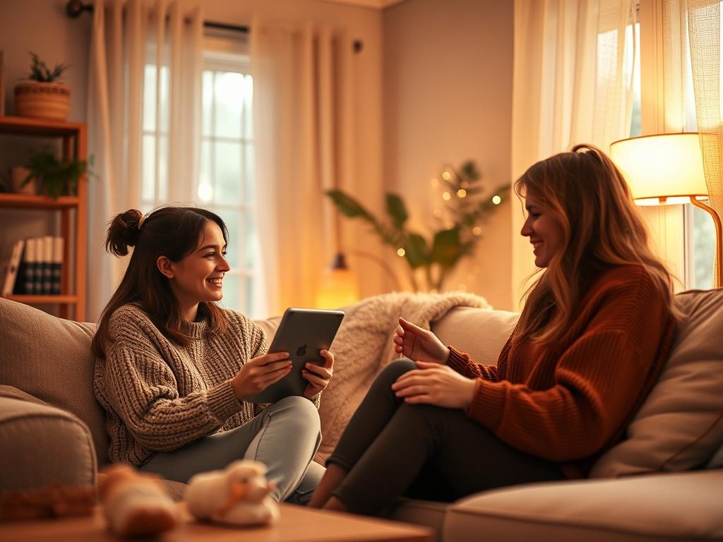 A warm, inviting image of two friends video chatting from