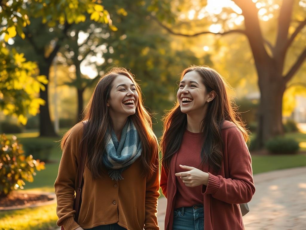A cozy, warm toned image of two friends laughing together