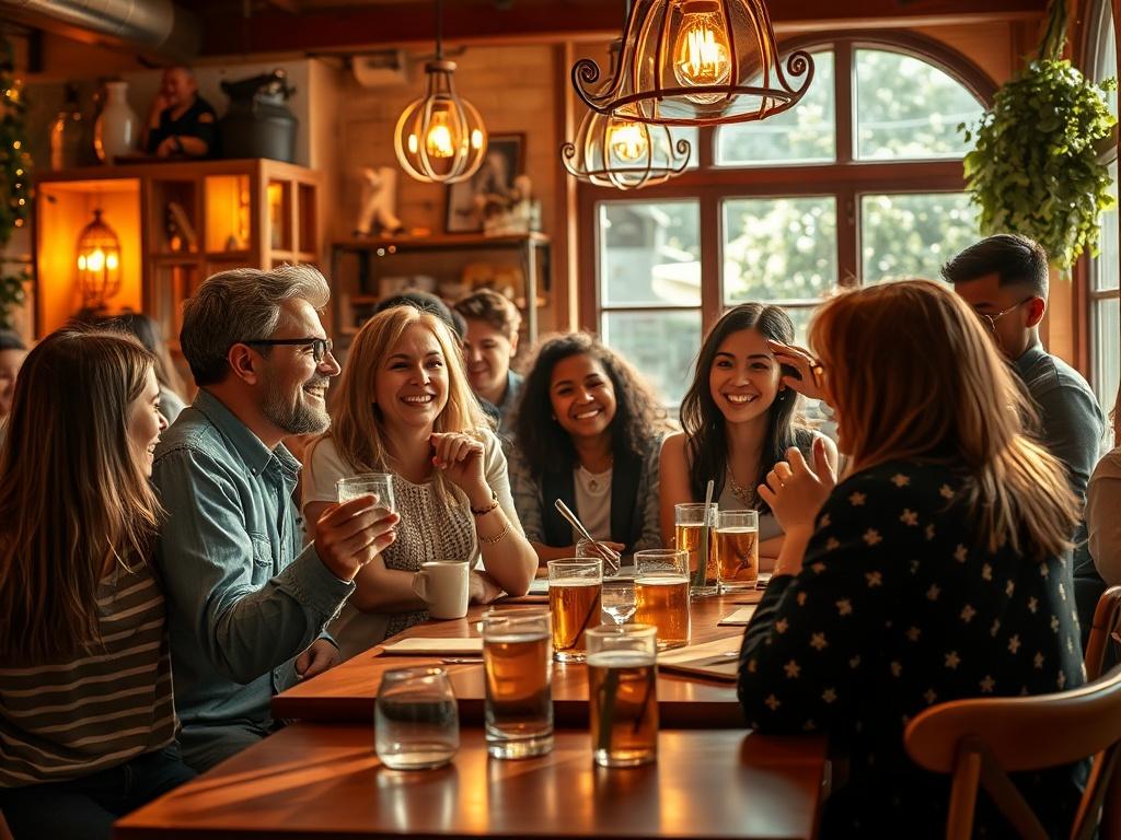 A lively gathering scene in a cozy café with diverse