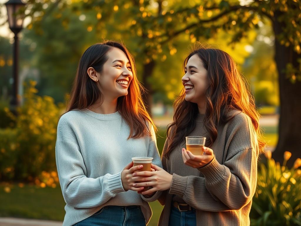 A cozy scene of two smiling individuals enjoying a friendly