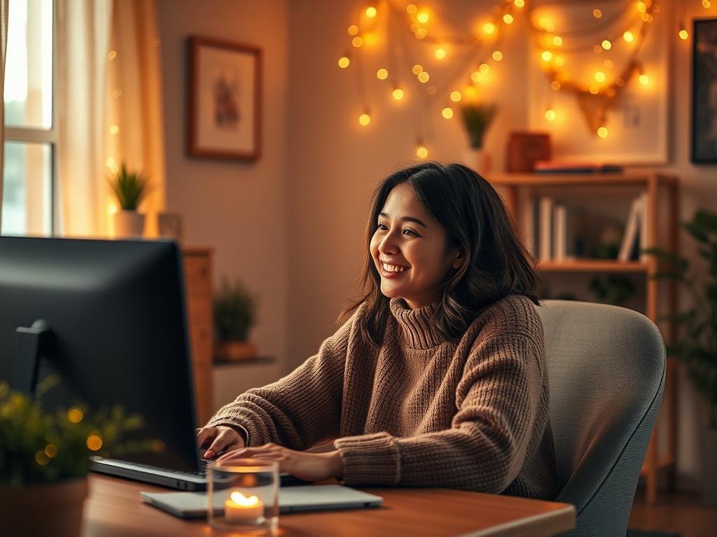 A serene home office scene where a person is engaged