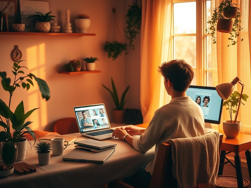 A warm, inviting workspace featuring a person sitting at a