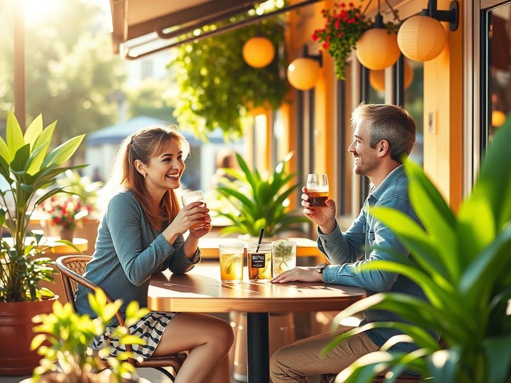 A vibrant outdoor scene showing two people meeting at a