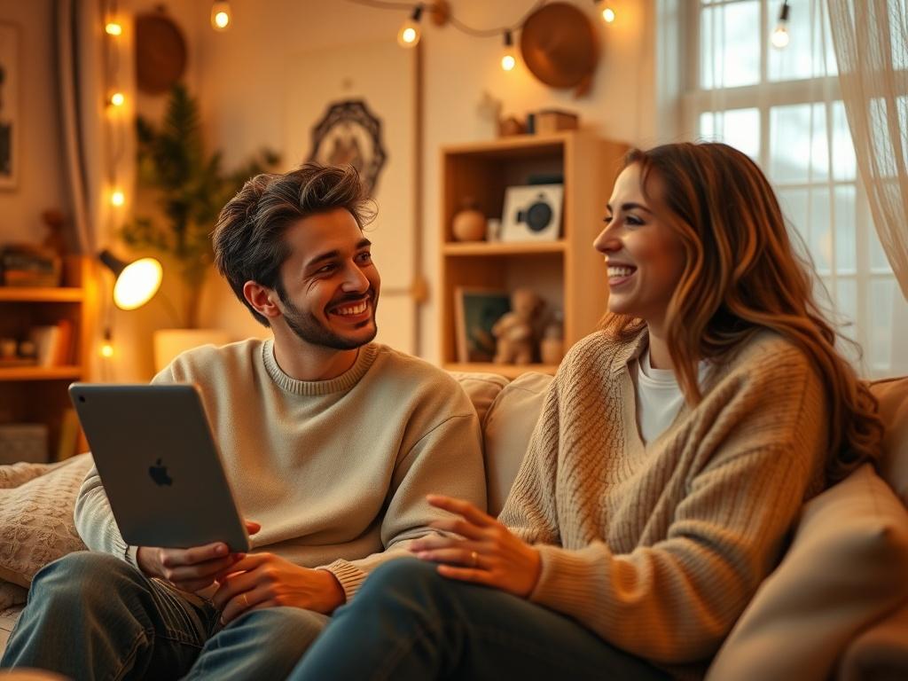 A cozy indoor setting where two friends are engaged in
