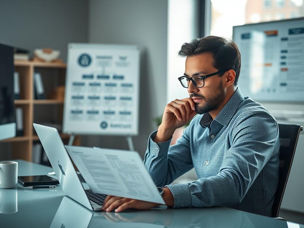 **AI Image Generation Prompt:**

Create a hyper-realistic, high-resolution close-up image that captures the essence of personalized cybersecurity solutions. The composition should focus on one central subject: a professional IT consultant (a person) seated at a modern desk, intently analyzing a detailed cybersecurity report on a sleek laptop. The consultant should display a thoughtful expression, symbolizing the importance of tailoring security plans to individual business vulnerabilities.

The background s