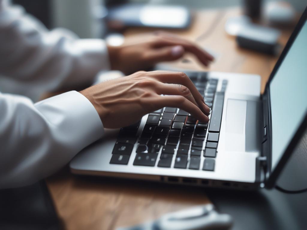 Create a realistic high-resolution close-up photo of a professional IT consultant’s hands working on a sleek laptop keyboard, captured with a 45mm f/1.2 lens style for shallow depth of field and focused clarity. The laptop screen subtly displays a blurred but identifiable compliance checklist or cybersecurity dashboard, hinting at NIST 800-171 requirements. The single subject—the consultant’s hands and laptop—dominates the frame to emphasize focused work and expertise. The background is softly blurred, feat
