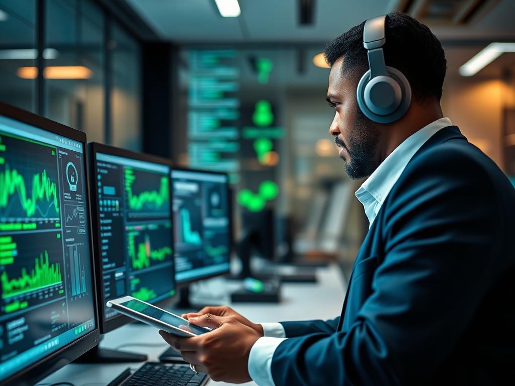 Create a realistic high-resolution photo depicting a focused cybersecurity professional in a modern office environment, symbolizing the crucial first 72 hours of a data breach response. The composition should be simple and clear, featuring the subject, a diverse male or female cybersecurity expert, intently analyzing data on multiple computer screens. The professional should appear engaged and determined, wearing noise-canceling headphones, and taking notes on a tablet.

In the background, showcase high-tec