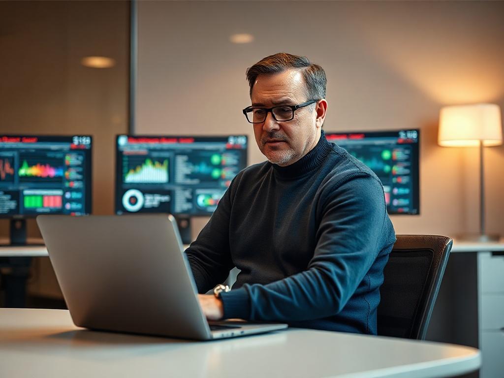 **Prompt for AI Image Generation:**

Create a realistic high-resolution photo that depicts a solitary cybersecurity expert sitting at a sleek modern desk, intensely focused on a laptop screen. The expert is a middle-aged individual with a determined expression, wearing a smart-casual outfit (dark blue sweater and black jeans), reflecting a professional yet approachable demeanor.

The background should be a softly blurred office environment, with hints of high-tech equipment, such as multiple monitors displa