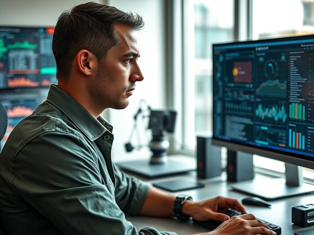 Create a realistic high-resolution image that captures the essence of military discipline in cybersecurity. The composition should feature a single subject – a military cyber expert in a professional setting, showcasing intense focus and determination. The individual should be dressed in a tactical, smart-casual outfit, such as a fitted shirt with rolled-up sleeves and a digital watch, symbolizing a blend of military precision and corporate professionalism.

In the background, incorporate elements that refl