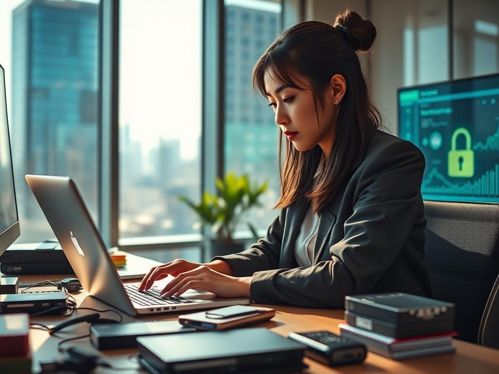 Create a highly detailed realistic high-resolution image that captures the essence of a single IT professional working diligently on a cybersecurity strategy. The subject should be a focused individual, a woman of Asian descent, sitting at a modern desk cluttered with technological devices, such as a laptop, external hard drives, and cybersecurity software interfaces displayed on the screen. 

The setting should depict a contemporary office environment with a large window in the background showcasing a city