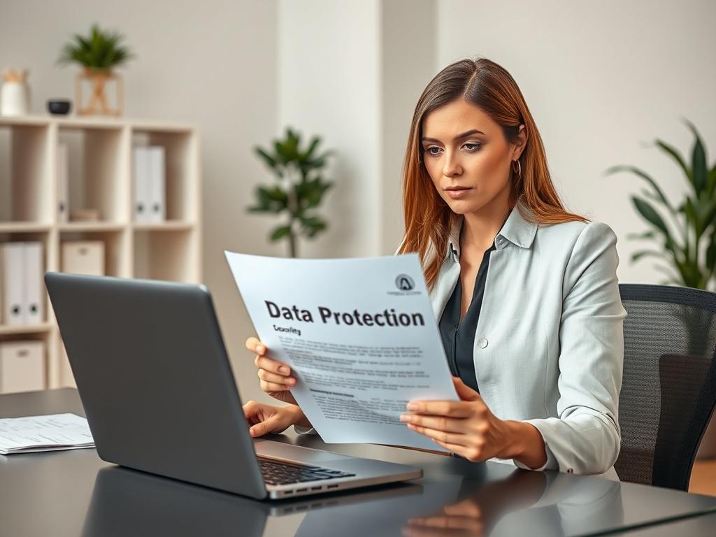**AI Image Generation Prompt:**

Create a hyper-realistic high-resolution photo that visually represents the concept of data protection in a business setting. The composition should feature a single subject—a professional-looking businesswoman sitting at a modern desk with a laptop open in front of her. She should be intently reviewing a document titled "Data Protection Policy." The woman should appear focused and contemplative, reflecting the idea that a data protection policy alone isn’t sufficient withou