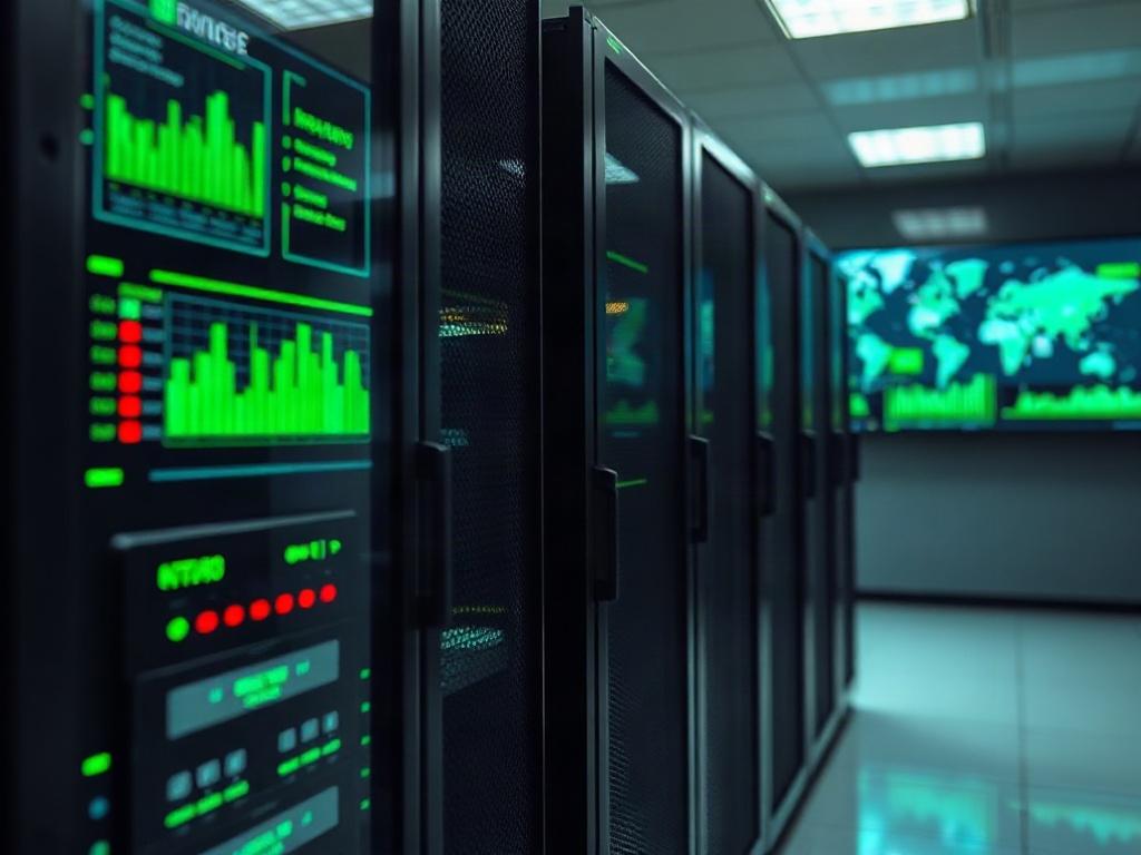 **AI Image Generation Prompt:**

Create a realistic high-resolution photo featuring a secure server room as the central subject. The focus should be on a singular, high-tech server rack outfitted with visible cybersecurity equipment, such as firewalls and intrusion detection systems. The server rack should be illuminated with soft, green LED lights to create a sense of advanced technology and security.

In the background, incorporate blurred images of high-tech monitors displaying cybersecurity graphs or da