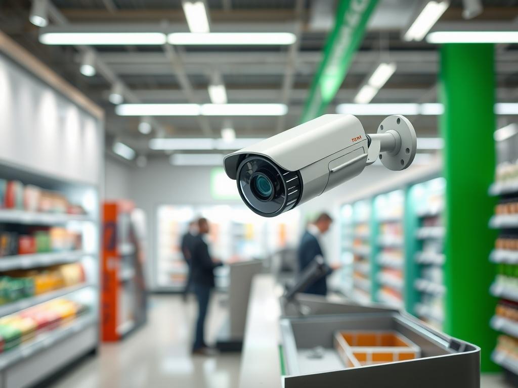 Create a realistic high-resolution image featuring a well-lit retail checkout counter. The composition should focus on a lone security camera positioned strategically above the checkout area, symbolizing vigilance and protection. Ensure the security camera is detailed and sharp, capturing the intricate design, lens reflections, and mounting hardware.

In the background, include a blurred view of a clean, modern retail environment, showcasing neatly organized shelves and a subtle hint of customers interactin