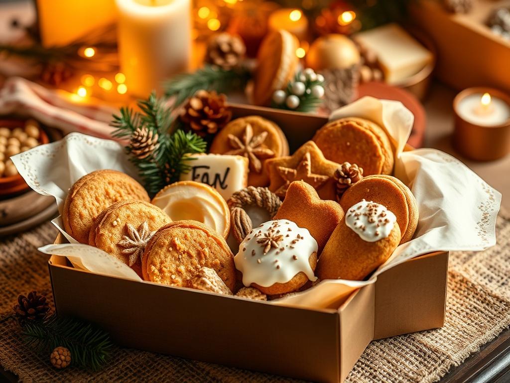 A beautifully arranged box filled with an assortment of seasonal baked treats, including pumpkin spice cookies, lemon bars, and other holiday delights. The setting is cozy and inviting, with soft lighting and warm colors, reflecting the essence of each season. The image conveys a sense of anticipation and joy.