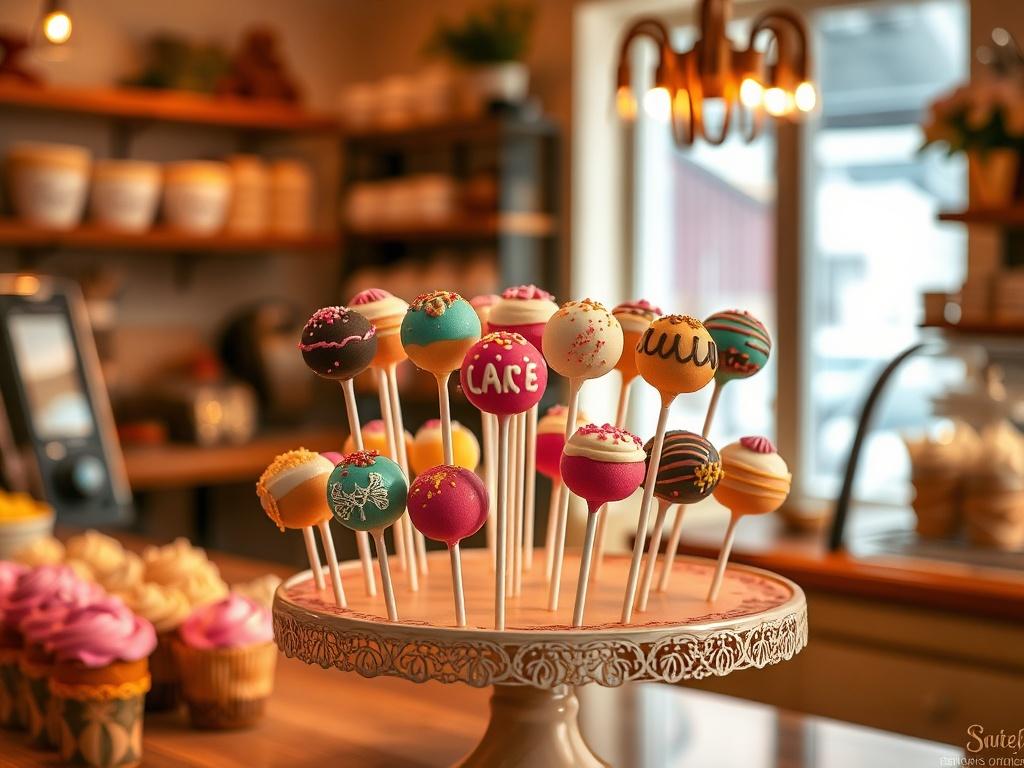 A charming display of colorful cake pops arranged on a decorative stand, showcasing various vibrant designs and flavors. The scene is set in a cozy, warmly lit bakery environment, evoking a sense of celebration and joy. Soft golden hues enhance the inviting atmosphere, making these treats irresistible.
