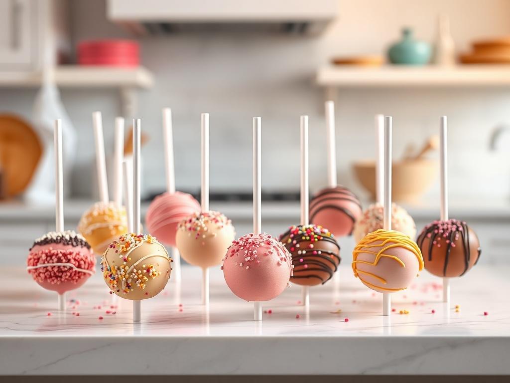 A vibrant display of cake pops in various colors and flavors, arranged artistically on a white marble countertop. Each cake pop is elegantly decorated with sprinkles and drizzles, and the background features a soft, blurred kitchen setting to emphasize the treats.