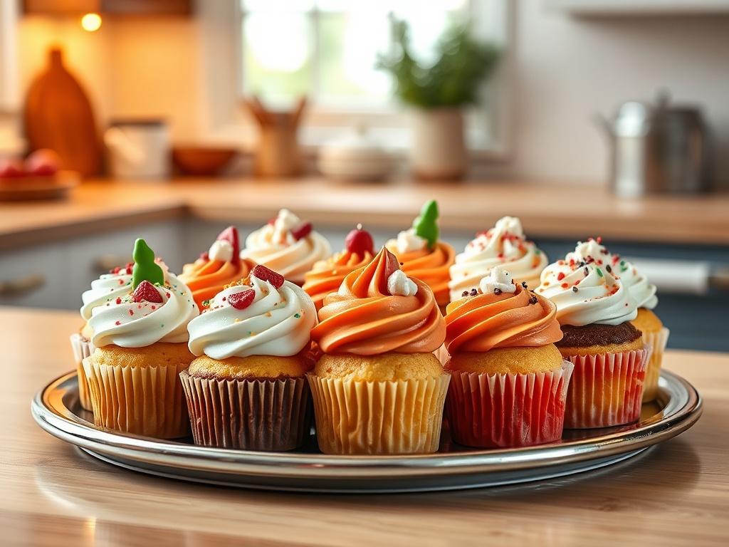 A beautifully arranged platter of seasonal cupcakes, showcasing a variety of flavors with colorful frosting and decorative toppings. The setting includes soft lighting and a cozy kitchen background, enhancing the inviting atmosphere of the display.