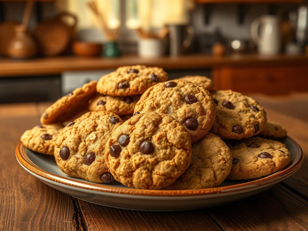 A close-up of a plate filled with various homemade cookies, including chocolate chip, oatmeal raisin, and snickerdoodle. The cookies are arranged neatly on a rustic wooden table, with a warm, inviting ambiance created by soft golden lighting. The background features a cozy kitchen setting, enhancing the homemade feel.