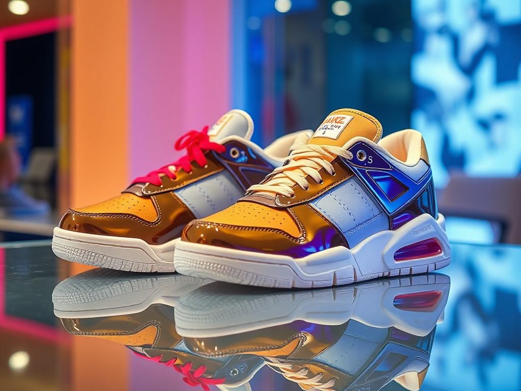 A high-resolution photo showcasing a stylish pair of name brand sneakers on a glossy display. The sneakers should be the main focus with a vibrant background that highlights their colors, creating a luxurious feel. The lighting should be bright and reflective, emphasizing the shiny surfaces and details of the shoes.