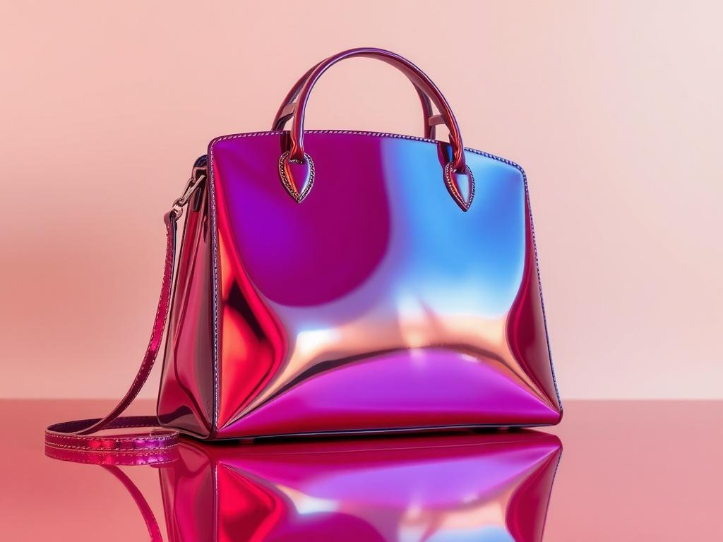 An elegant handbag showcased against a soft, neutral-toned background. The handbag should feature a unique design, with a shiny finish that captures light beautifully. The colors should be vibrant yet sophisticated. The composition should be simple, allowing the handbag to be the focal point, with reflections highlighting its glossy surface.