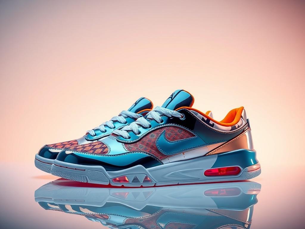 A pair of stylish, modern sneakers displayed against a clean, minimalist background. The sneakers should have a sleek design, showcasing vibrant colors and unique patterns. The lighting should create a hyper-glossy effect on the shoe surfaces, emphasizing their shiny features. The background should be simple and soft to keep the focus on the sneakers, with luminous highlights reflecting off their surfaces.