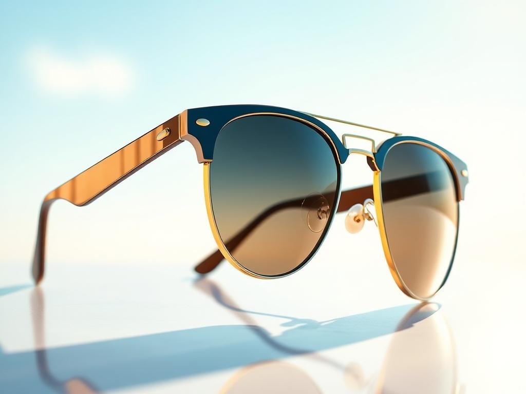 A pair of trendy sunglasses displayed prominently against a bright, sunny background. The sunglasses should feature stylish frames, with reflective lenses that catch the light. The background should evoke a sunny day, with soft colors that complement the sunglasses. The focus should be on the sunglasses, highlighting their sleek design and glossy finish.