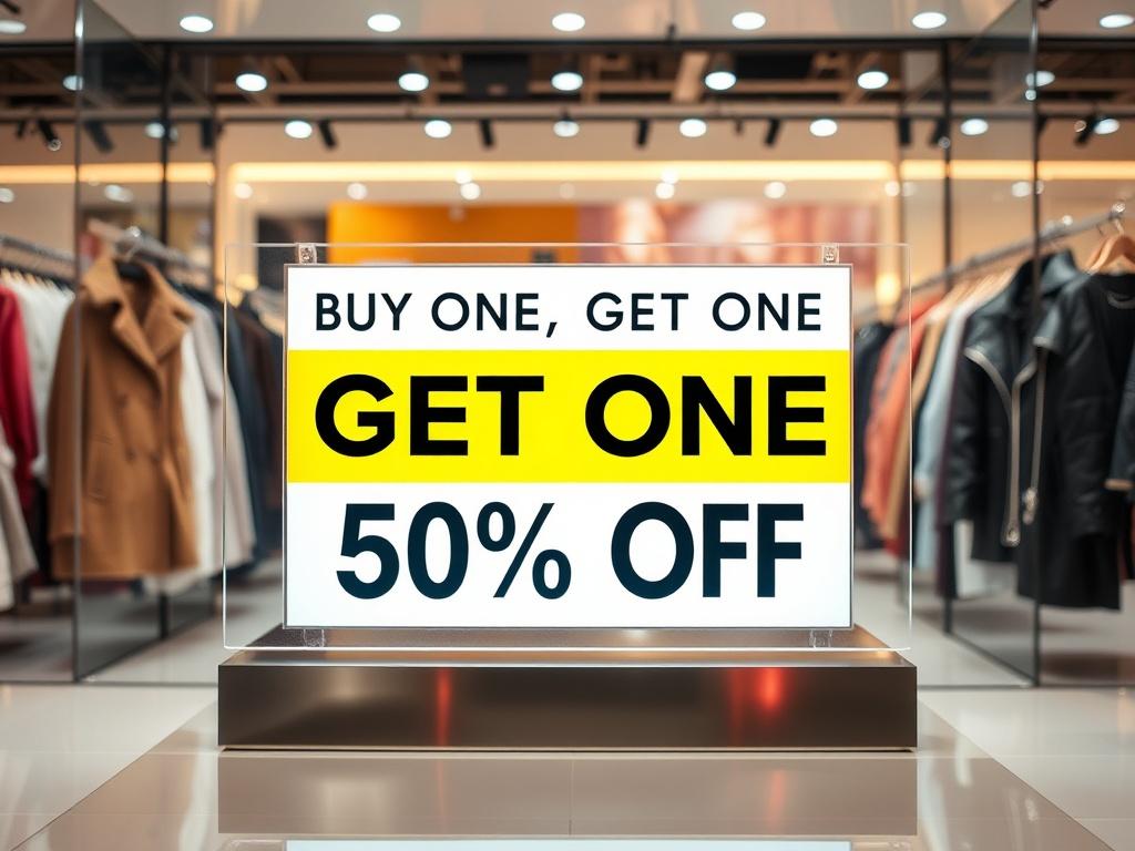 A high-resolution photo of a trendy clothing display with a 'Buy One, Get One 50% Off' sign prominently showcased. The items should appear fashionable and stylish, with a bright and appealing background that enhances the shopping experience. The overall look should be glossy and polished, with a focus on the quality of the products.